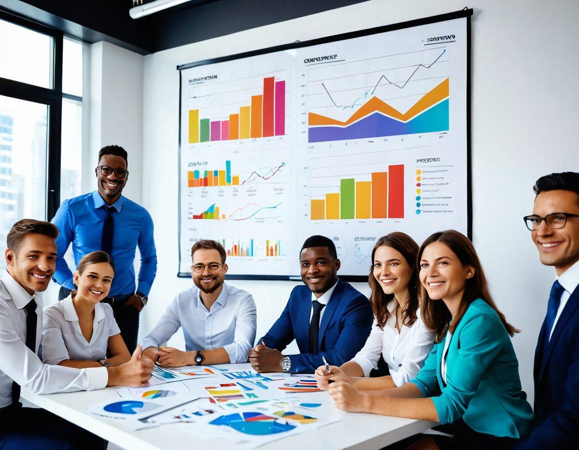 A dynamic corporate scene showcasing a diverse team of consultants engaged in a brainstorming session with charts and graphs illustrating growth and positivity. The atmosphere is filled with bright, uplifting colors symbolizing success and innovation. Include expressions of enthusiasm and collaboration among team members from various backgrounds. Impressively integrate visual elements of client satisfaction, such as happy clients giving thumbs up in the background. super-realistic. vibrant colors. 3D.