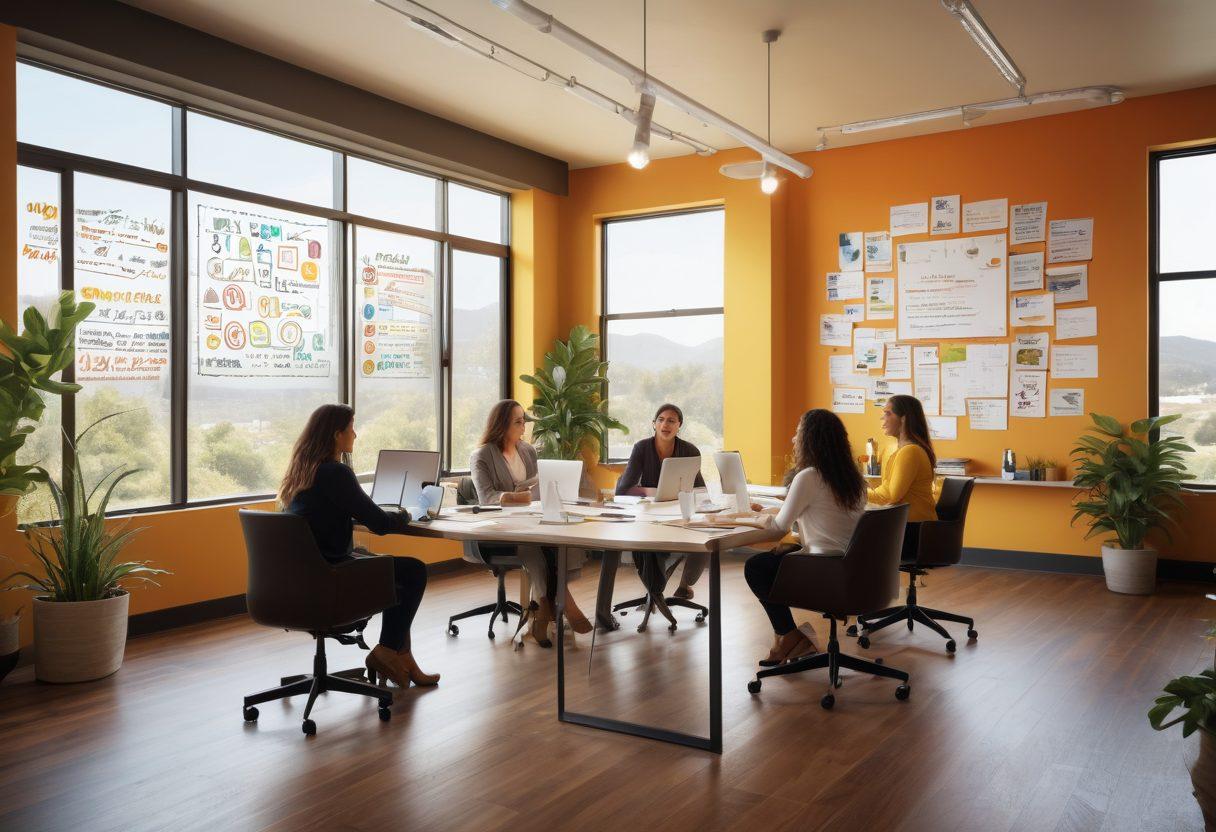 A vibrant, open office space filled with joyful business consultants working collaboratively, surrounded by motivational quotes on the walls. Illustrate a bright atmosphere with each consultant expressing happiness through their interactions, while light streams in through large windows. Include diverse professionals of different ethnicities, embodying a sense of community and success. The foreground features a dynamic chart symbolizing growth emerging from a sunny landscape. super-realistic. vibrant colors. 3D.